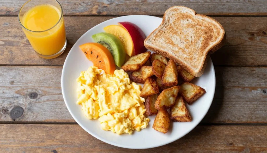 Hearty breakfast plate with eggs, potatoes, and fresh fruit for hikers