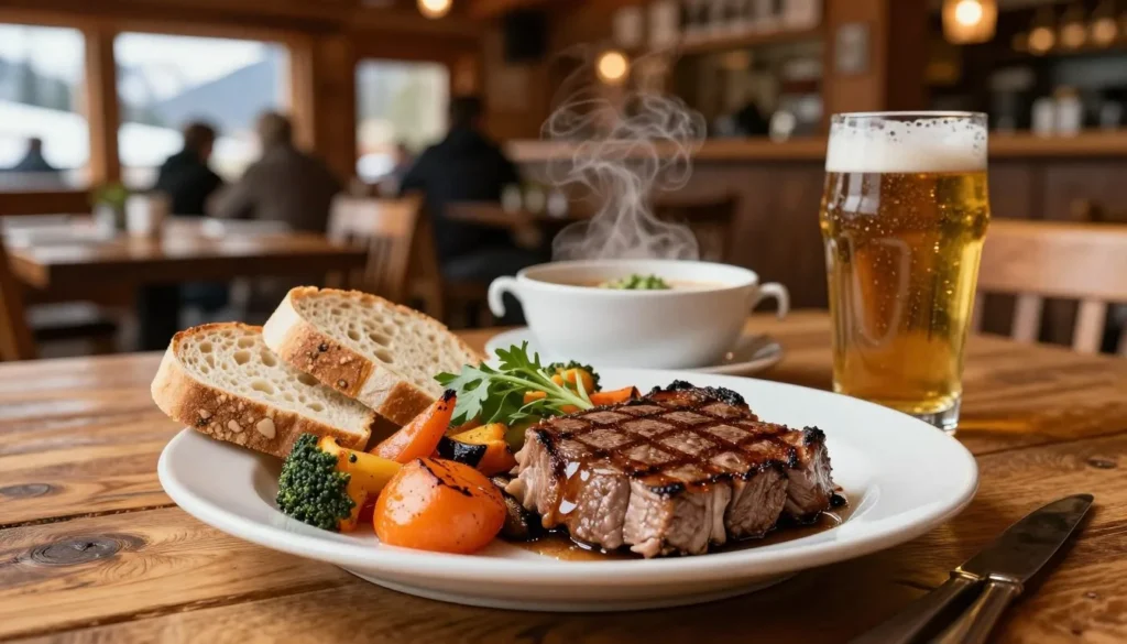 Hearty mountain meal served in rustic lodge restaurant setting