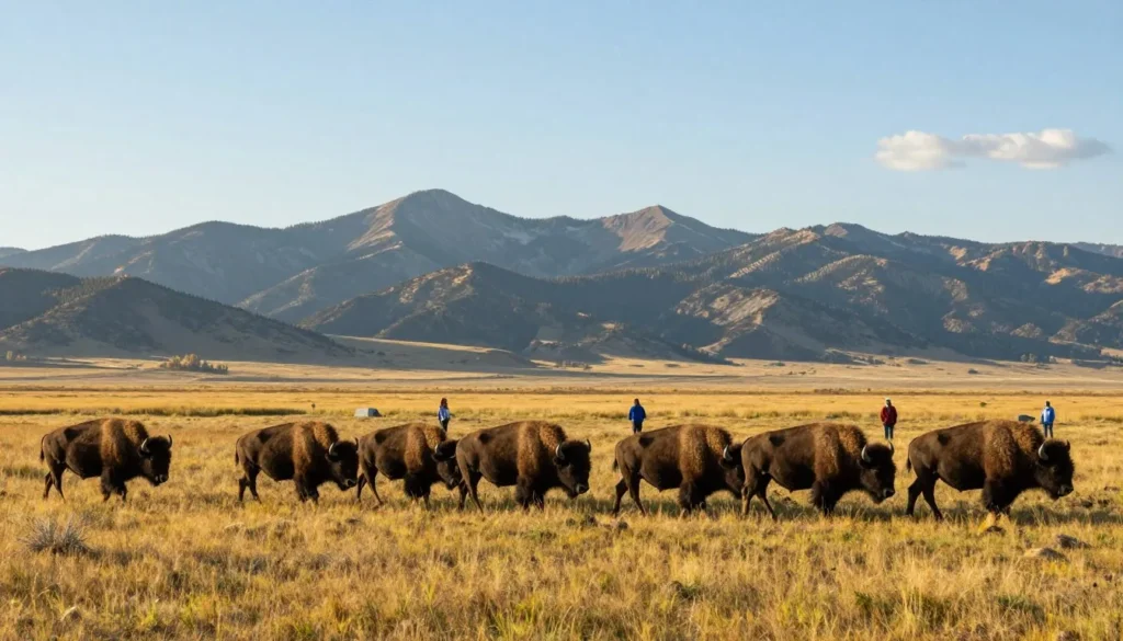 Herd of bison crossing prairie grasslands at Rocky Mountain Arsenal Wildlife Loop Colorado Herd of bison crossing prairie grasslands at Rocky Mountain Arsenal Wildlife Loop Colorado