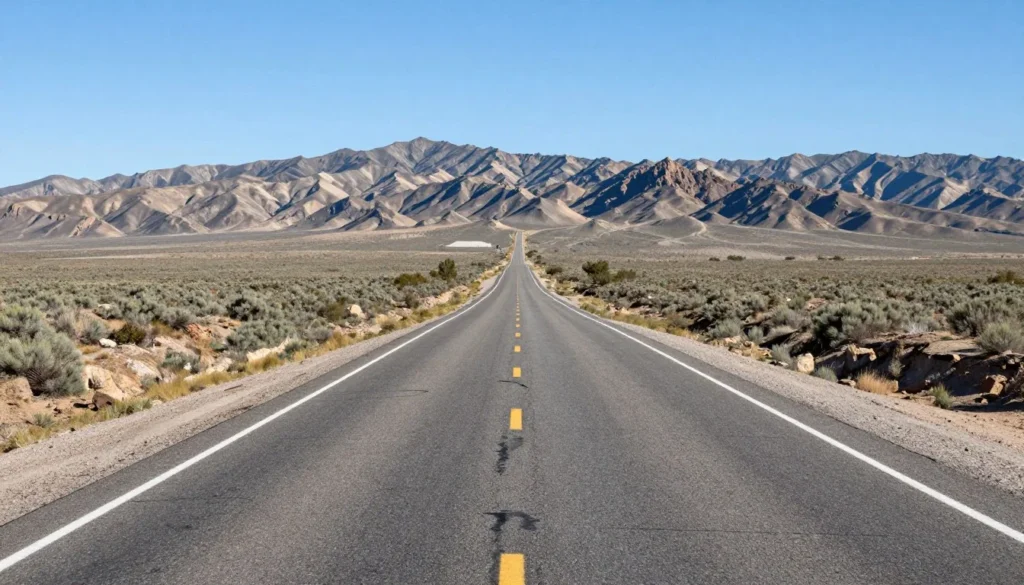 High desert road leading to Round Mountain Recreation Area with mountains in background High desert road leading to Round Mountain Recreation Area with mountains in background