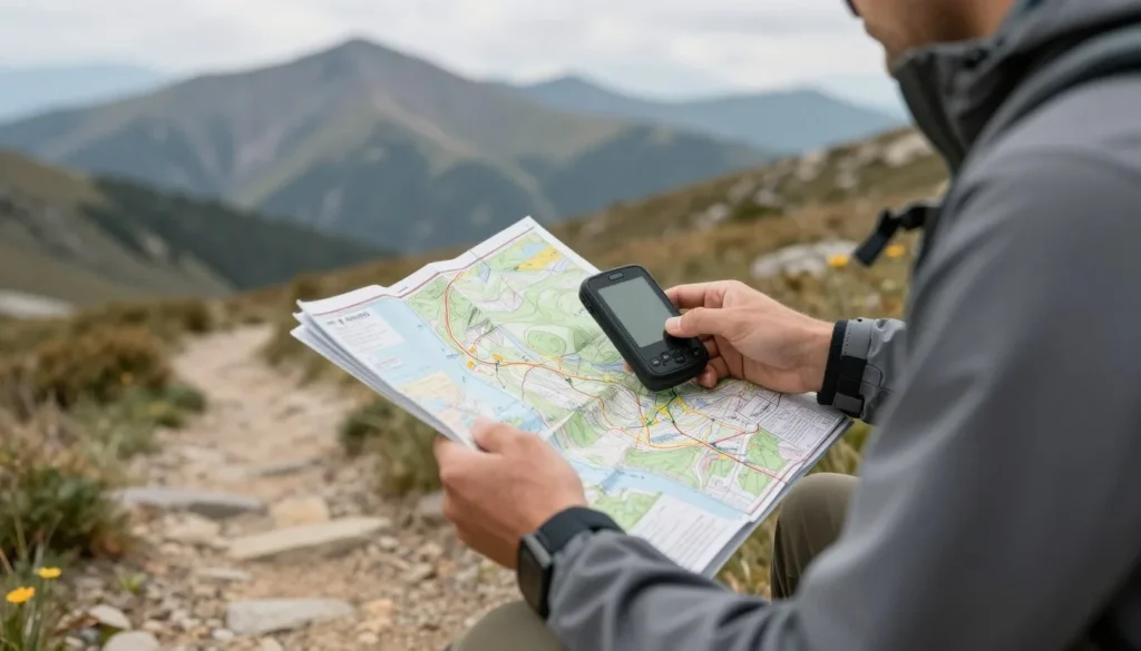 Hiker checking map and GPS navigation device Hiker checking map and GPS navigation device