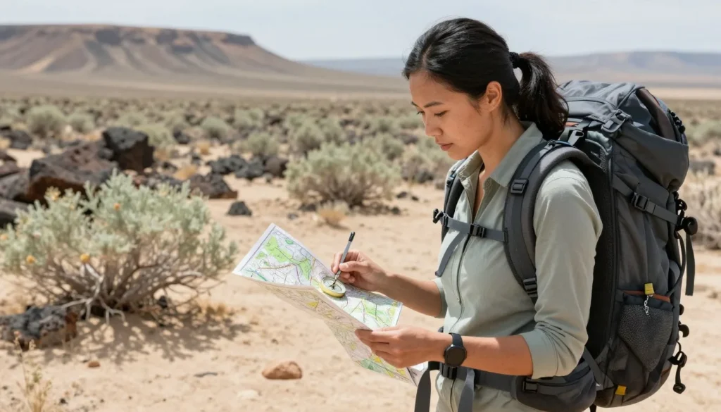 Hiker checking map and compass in Round Mountain Recreation Area desert