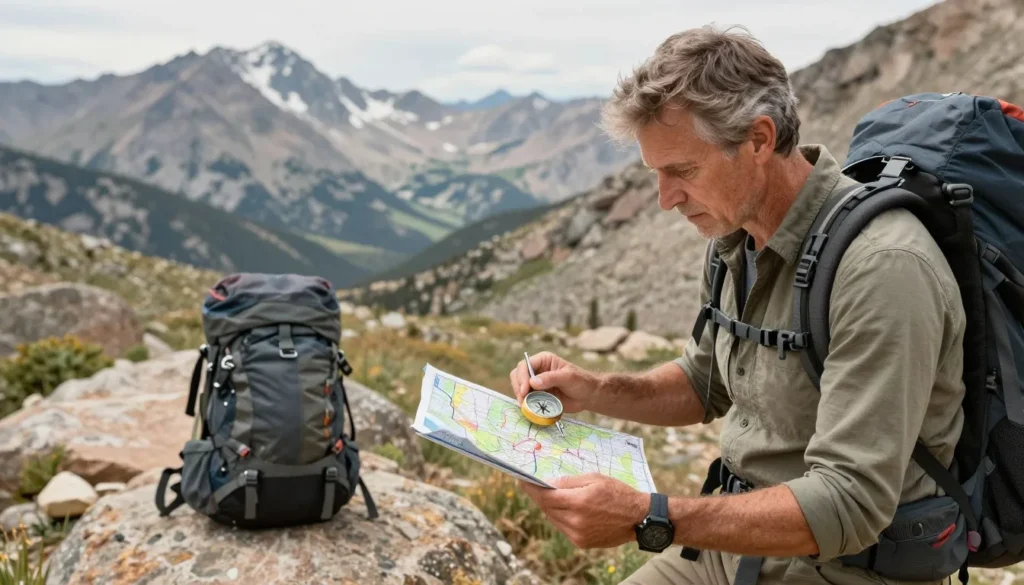 Hiker checking map and compass on mountain trail Hiker checking map and compass on mountain trail