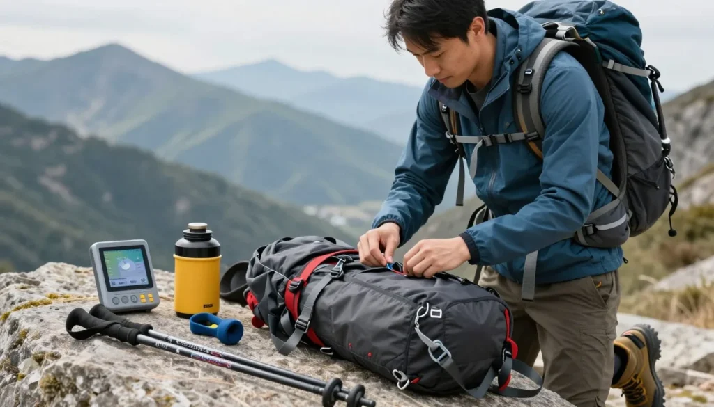 Hiker checking weather conditions and equipment before mountain ascent