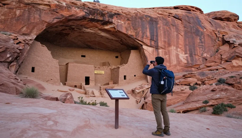 Hiker maintaining respectful distance from ancient cliff dwelling