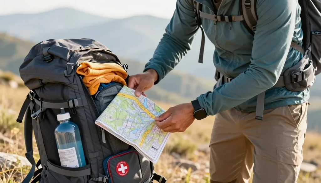 Hiker preparing backpack with trail essentials and mountain gear at trailhead Hiker preparing backpack with trail essentials and mountain gear at trailhead