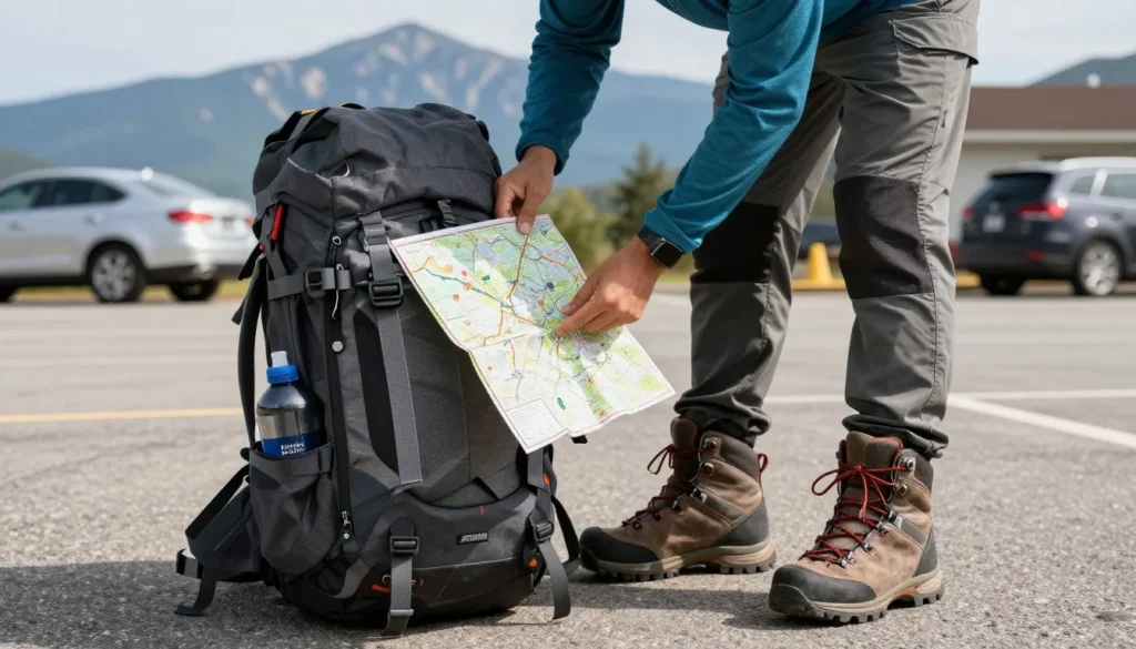 Hiker reviewing trail map and preparing gear