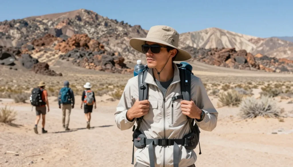 Hiker wearing proper sun protection gear exploring Nevada desert safely