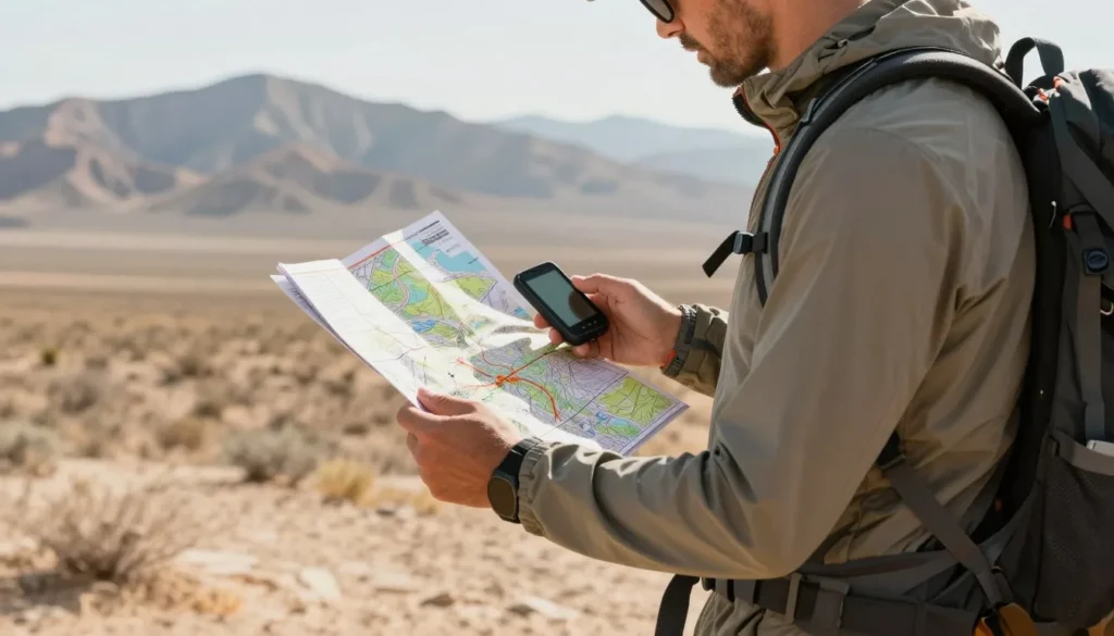 Hiker with navigation equipment studying map in desert landscape Hiker with navigation equipment studying map in desert landscape