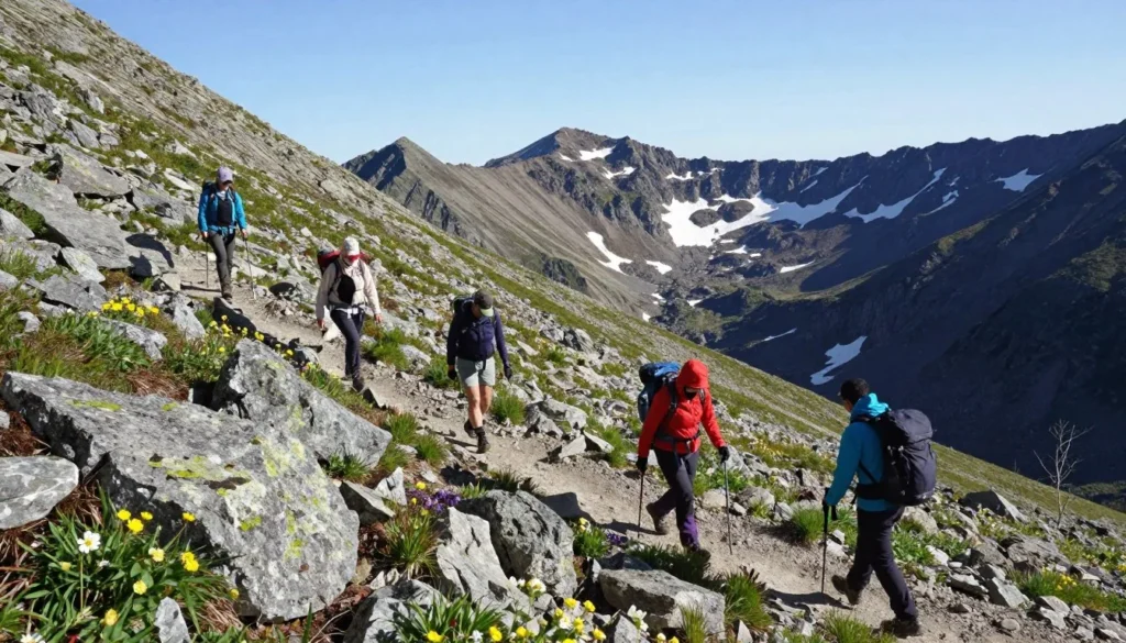 Hikers ascending Mount Harvard trail through alpine terrain Hikers ascending Mount Harvard trail through alpine terrain