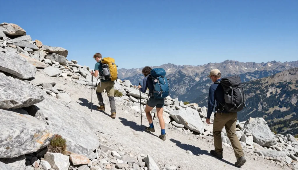 Hikers ascending Mount Jefferson rocky trail Nevada mountains