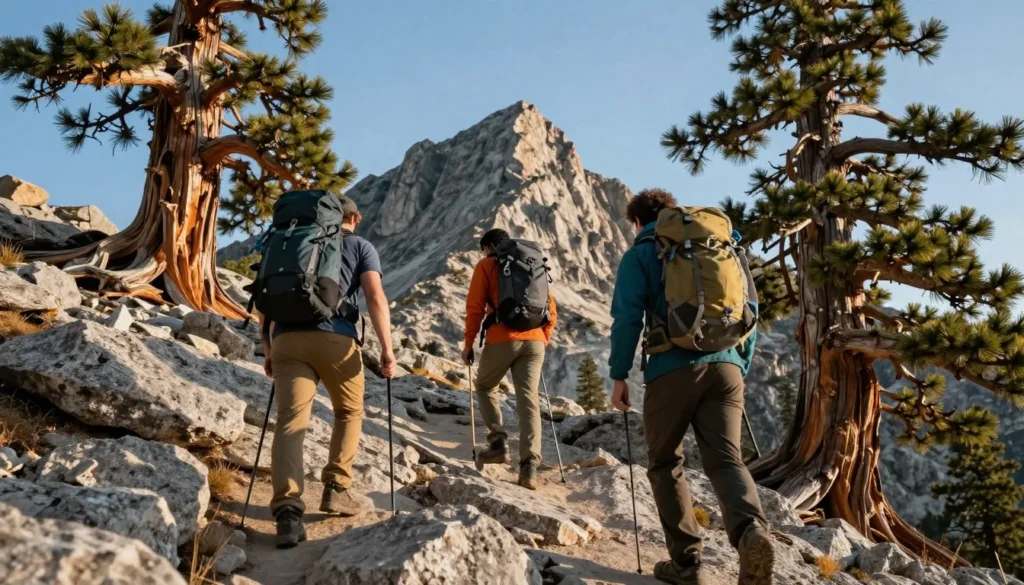 Hikers ascending rocky mountain trail through bristlecone pine forest Hikers ascending rocky mountain trail through bristlecone pine forest