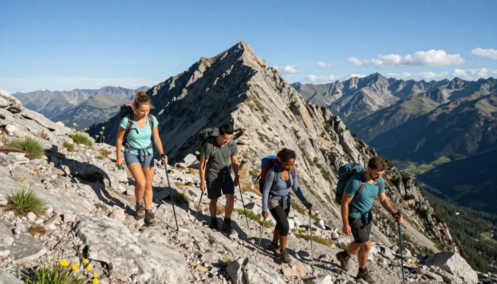 Hikers ascending rocky mountain trail with expansive valley views below
