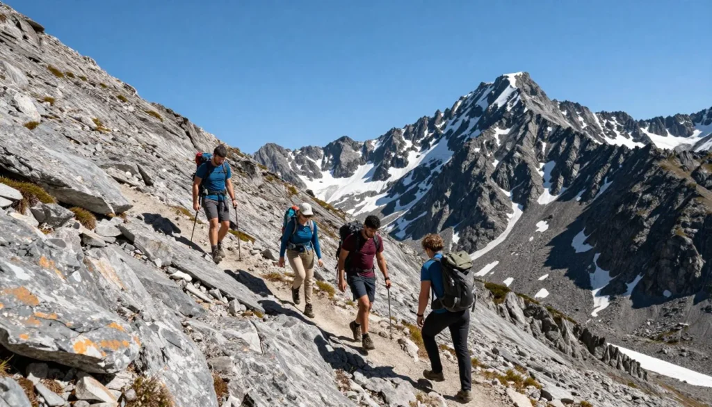 Hikers ascending rocky mountain trail with panoramic peak views Hikers ascending rocky mountain trail with panoramic peak views