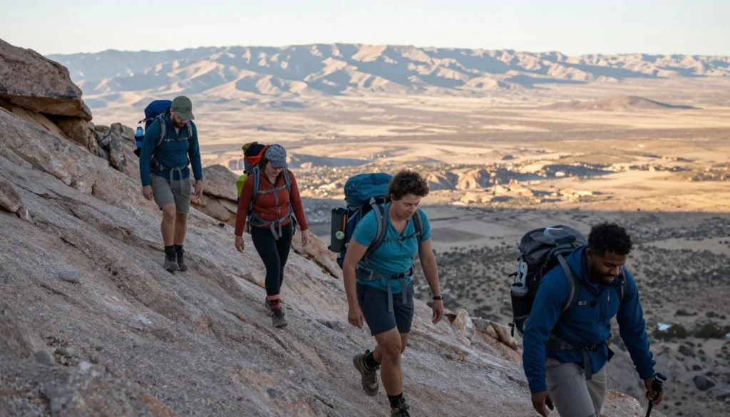 Hikers ascending rocky terrain on Pilot Peak with expansive desert views