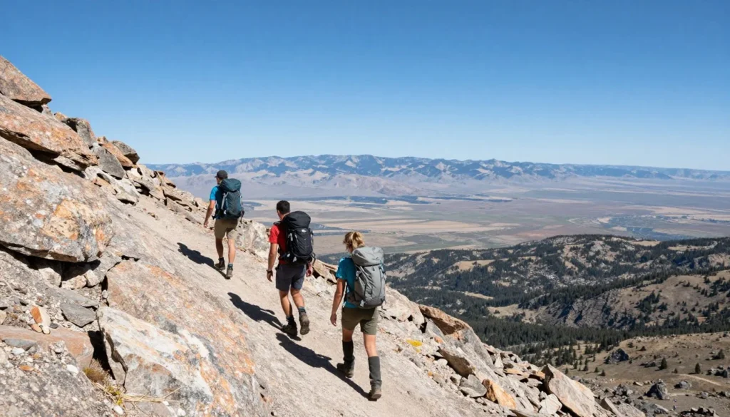 Hikers ascending rocky trail toward Wheeler Peak summit with expansive valley views below