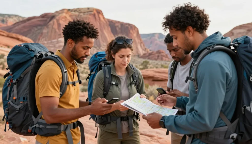 Hikers checking map and preparing gear in Paradox Valley wilderness