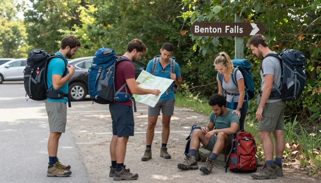 Hikers checking trail map and preparing gear at Benton Falls trailhead Hikers checking trail map and preparing gear at Benton Falls trailhead