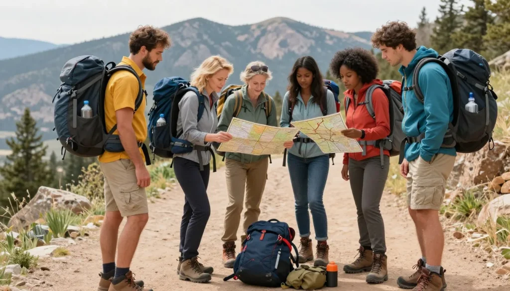 Hikers checking trail map and preparing proper outdoor gear before mountain hike