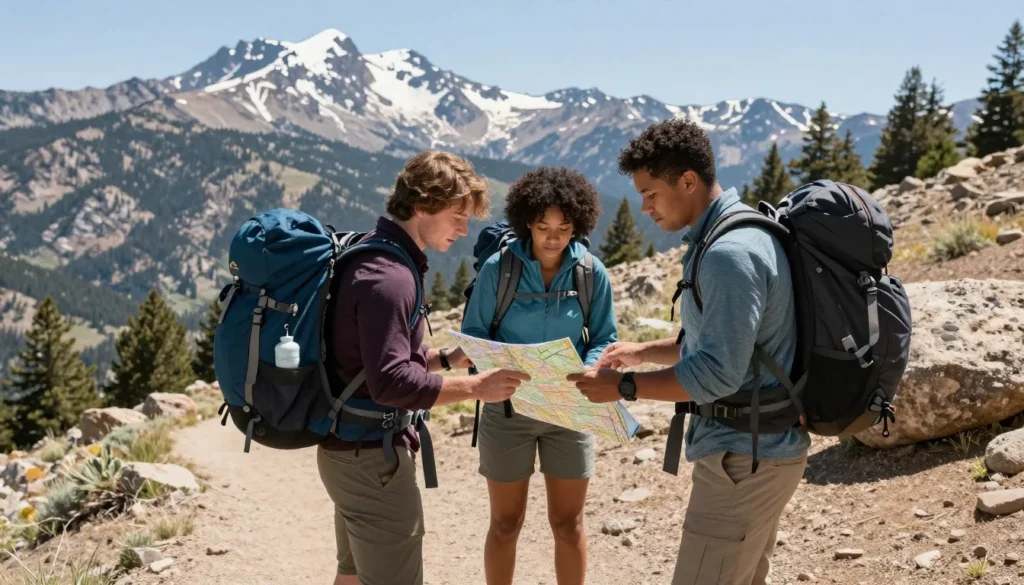 Hikers consulting map on mountain trail in Humboldt-Toiyabe National Forest