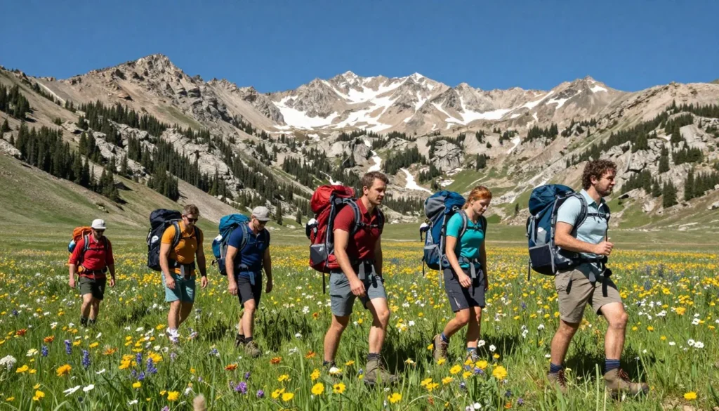 Hikers crossing alpine meadow Great Basin National Park Hikers crossing alpine meadow Great Basin National Park
