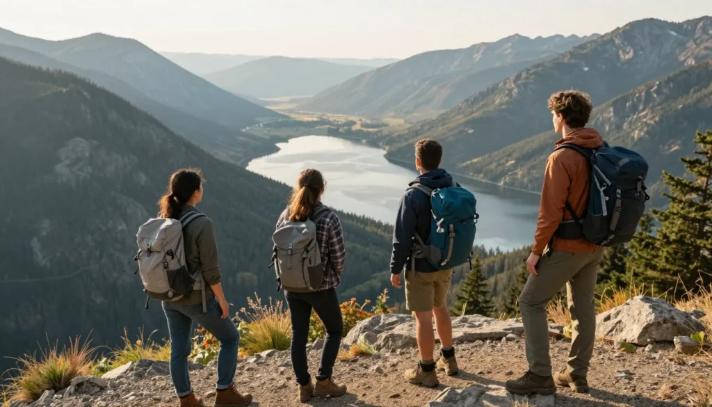 Hikers enjoying scenic overlook above Fish Lake Hikers enjoying scenic overlook above Fish Lake