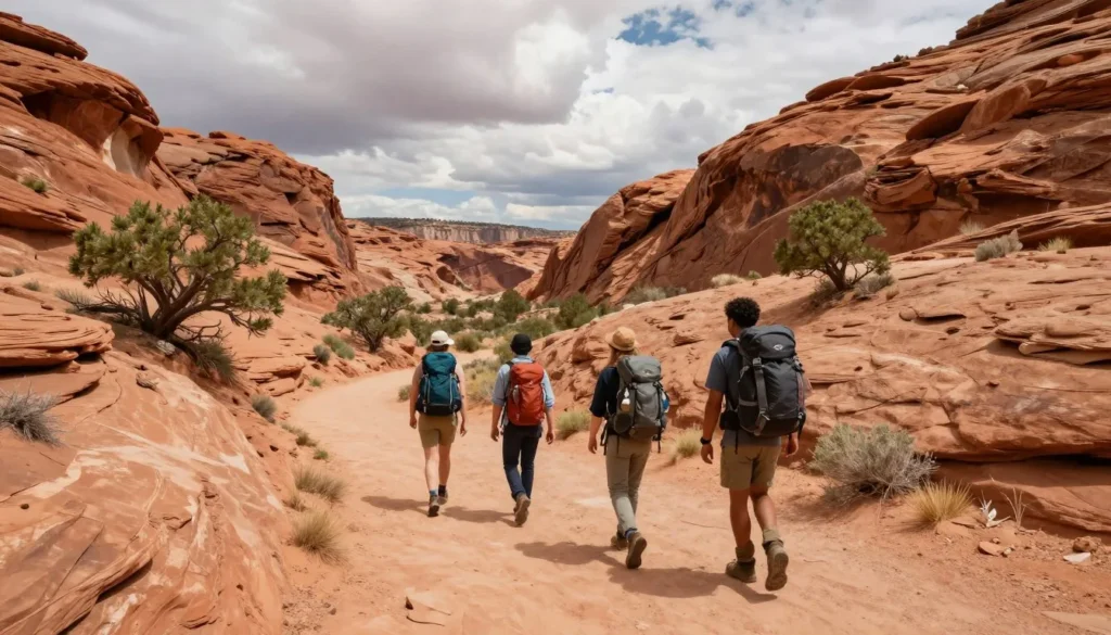Hikers exploring Colorado wilderness along Old Spanish Trail route Hikers exploring Colorado wilderness along Old Spanish Trail route