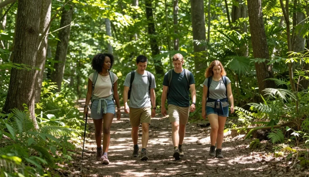Hikers exploring Tennessee forest trail near cave area