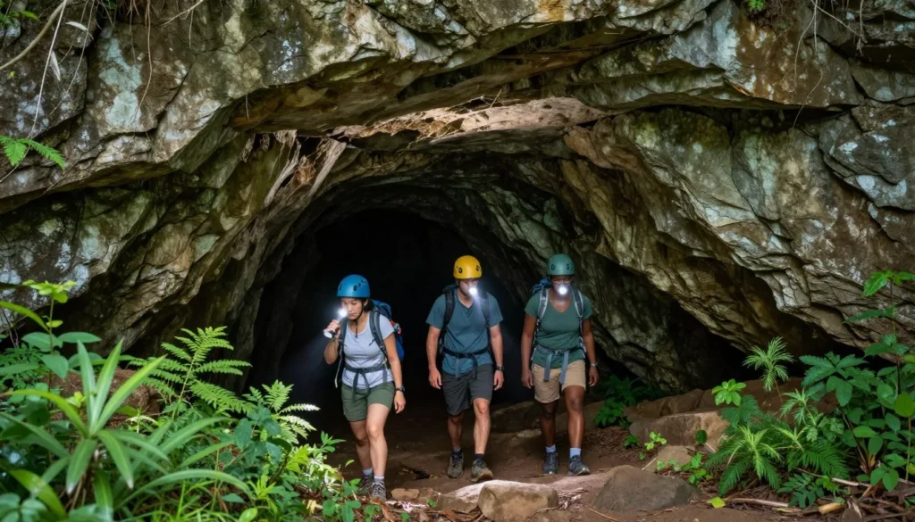 Hikers exploring cave entrance at Carter State Natural Area