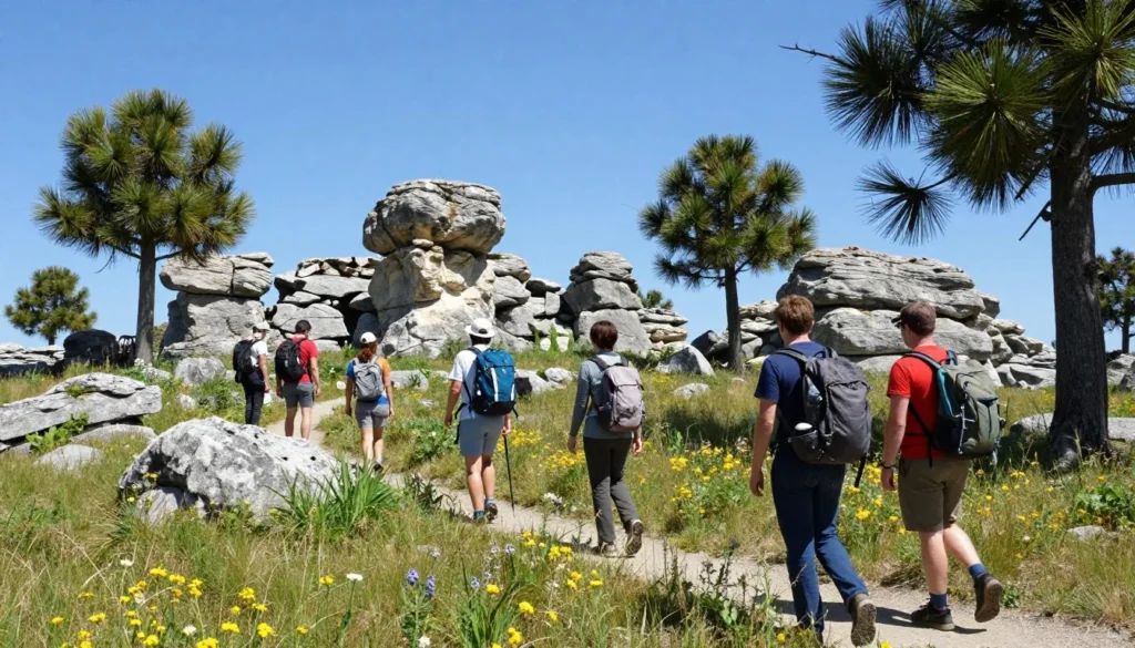 Hikers exploring cedar glade ecosystem with unique rock formations