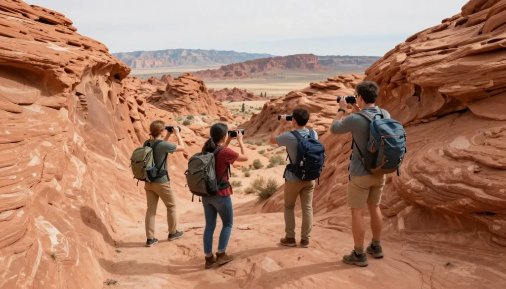 Hikers exploring colorful rock formations in Gold Butte desert Hikers exploring colorful rock formations in Gold Butte desert