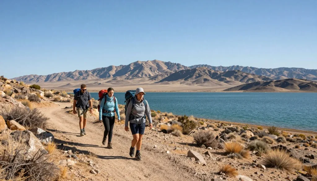 Hikers exploring desert trails near Pyramid Lake Nevada with mountain views