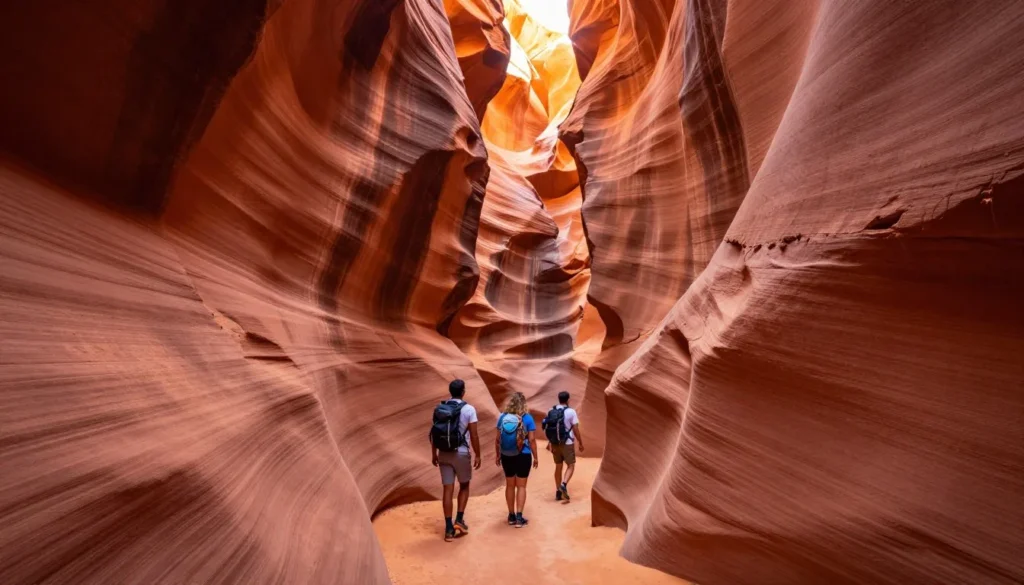 Hikers exploring narrow slot canyon with smooth sandstone walls and dramatic lighting