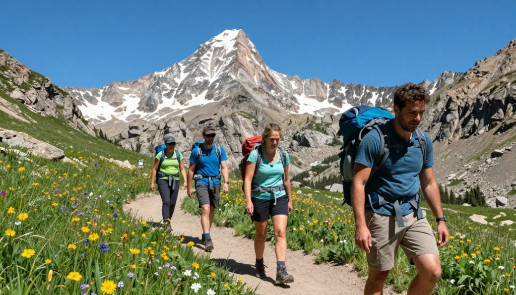 Hikers exploring scenic trail with Mount Sneffels in background