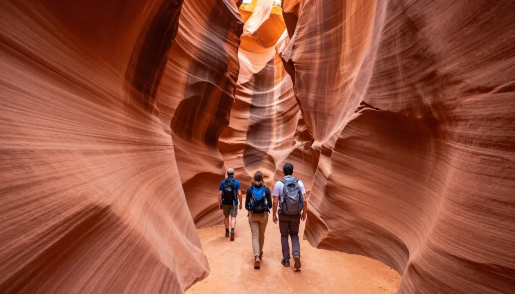 Hikers exploring stunning slot canyon in Grand Staircase–Escalante Hikers exploring stunning slot canyon in Grand Staircase–Escalante