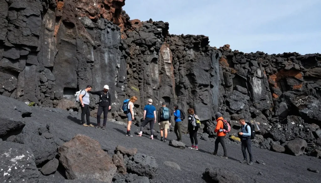 Hikers exploring volcanic rock formations at Raton Mesa