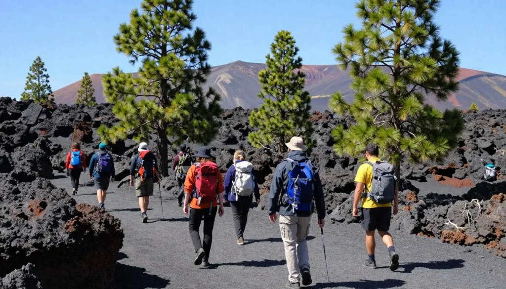 Hikers exploring volcanic rock formations near Duck Creek with pine forest backdrop Hikers exploring volcanic rock formations near Duck Creek with pine forest backdrop