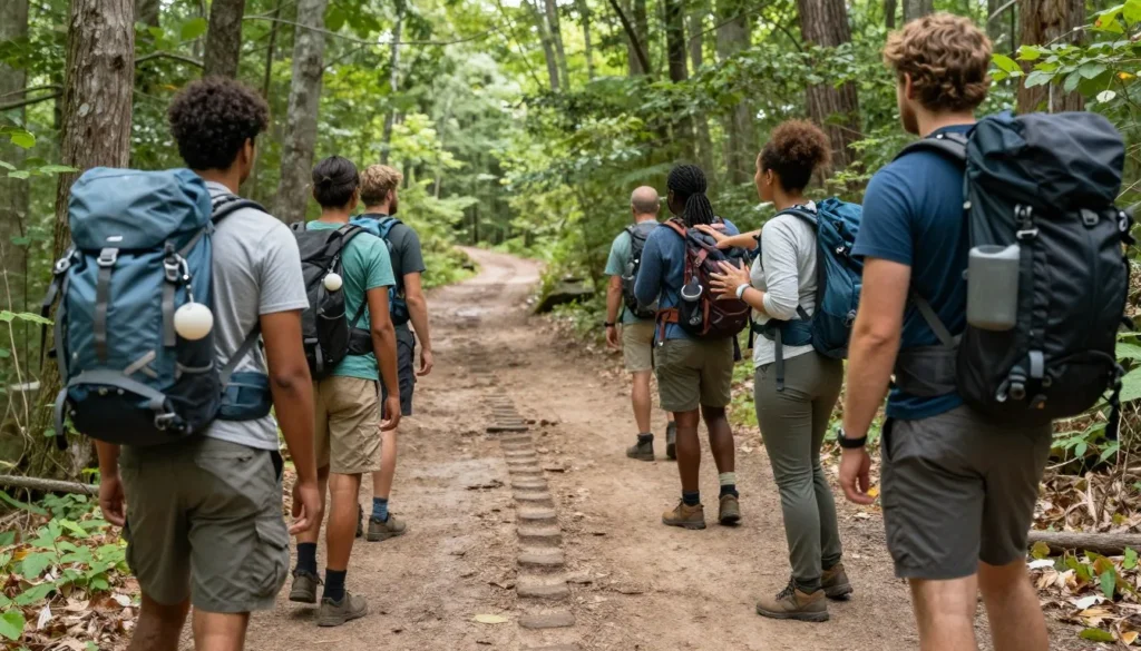 Hikers following proper trail etiquette in forest
