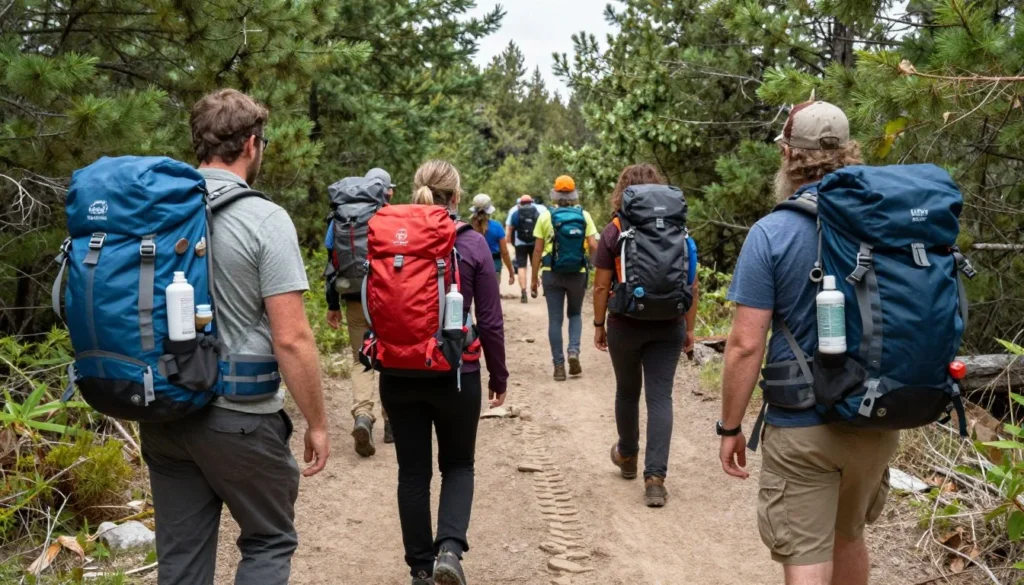 Hikers following proper trail etiquette in mountain wilderness