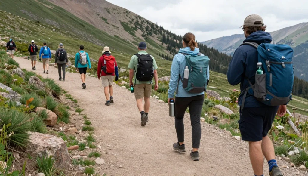 Hikers following trail etiquette on Colorado mountain path Hikers following trail etiquette on Colorado mountain path