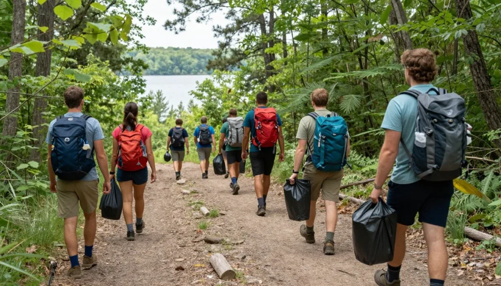 Hikers following trail markers and practicing Leave No Trace principles in forest