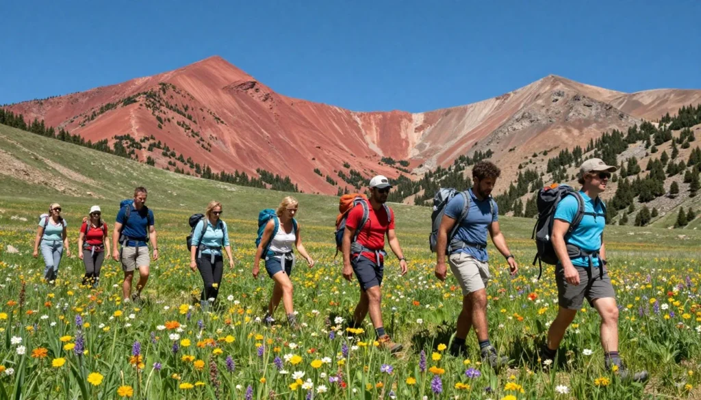 Hikers of diverse backgrounds trekking through alpine meadow with wildflowers near Red Mountain ruins under sunny skies with mountain peaks visible