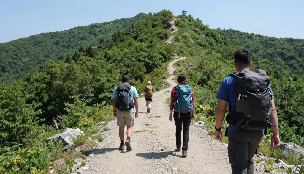 Hikers on Andrews Bald trail enjoying mountain views