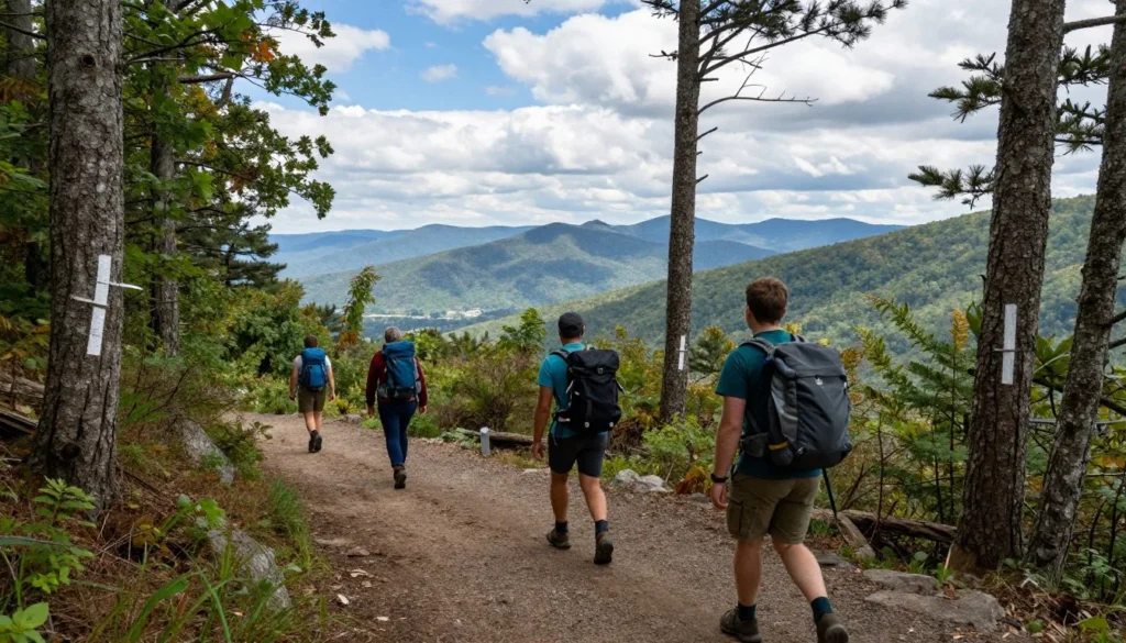 Hikers on Appalachian Trail section through Cherokee National Forest with mountain vista views