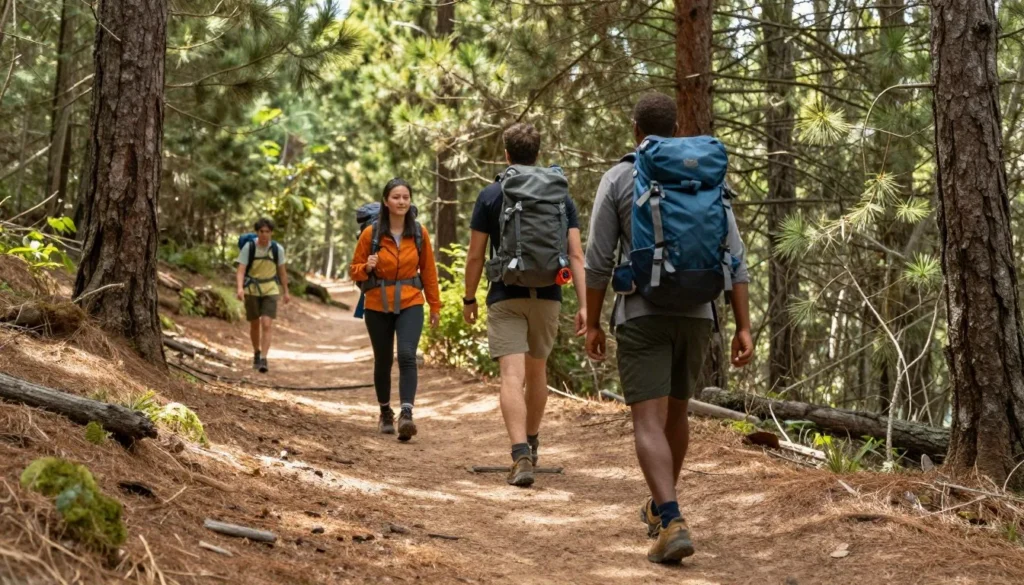 Hikers on Barr Trail through Pikes Peak forest with dappled sunlight filtering through pine trees Hikers on Barr Trail through Pikes Peak forest with dappled sunlight filtering through pine trees