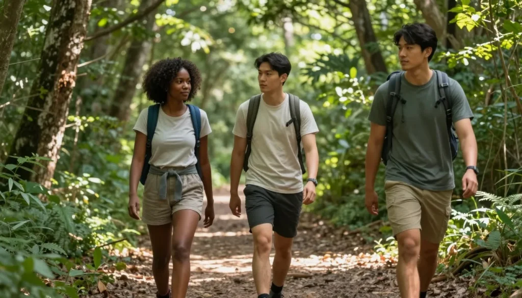 Hikers on Bays Mountain trail through forest