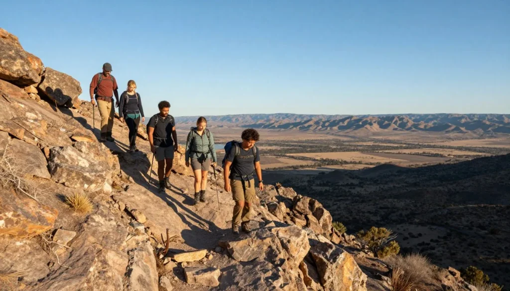 Hikers on Cedar Mountain trail with panoramic views Hikers on Cedar Mountain trail with panoramic views