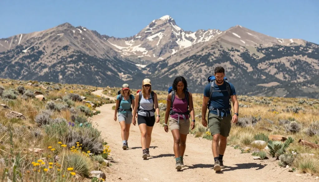 Hikers on Cuerno Verde Trail with Spanish Peaks mountain views