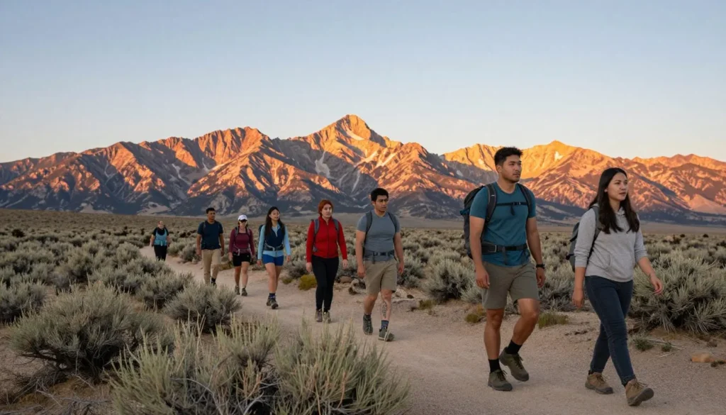 Hikers on Great Basin trail during golden hour with mountain peaks and desert landscape stretching to horizon