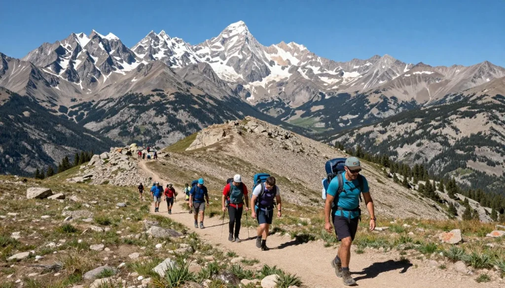 Hikers on Medicine Bow Peak trail with mountain views
